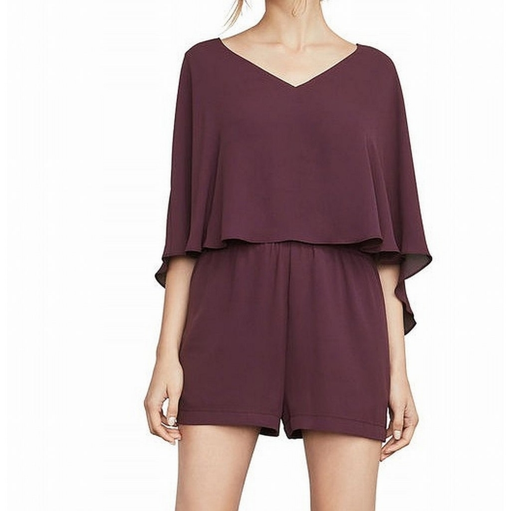 BCBGMaxAzria V Neck Carie Purple Burgundy Venetian Cape Romper